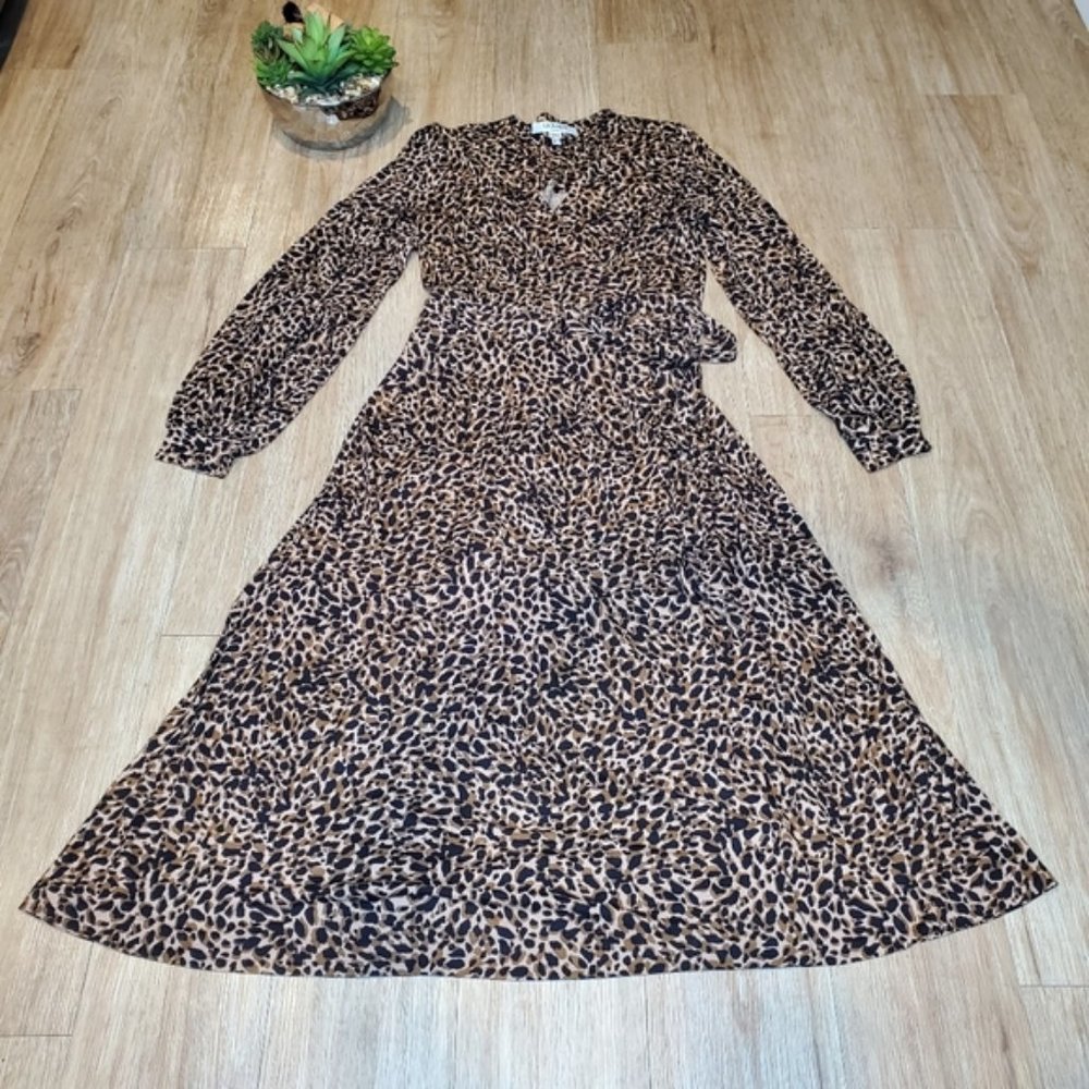 LK Bennett Daisy Wrap Dress Midi Leopard Neutral Preppy Fit Flare Classic Work 6 - Picture 2 of 7
